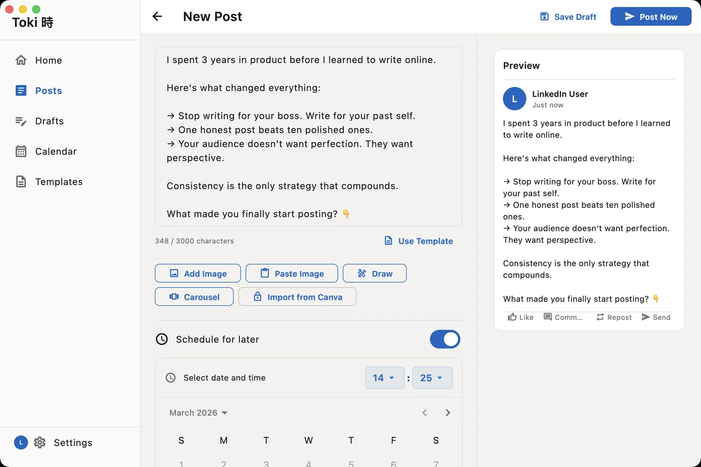 Toki, a LinkedIn scheduling app for macOS and Windows — see the projects