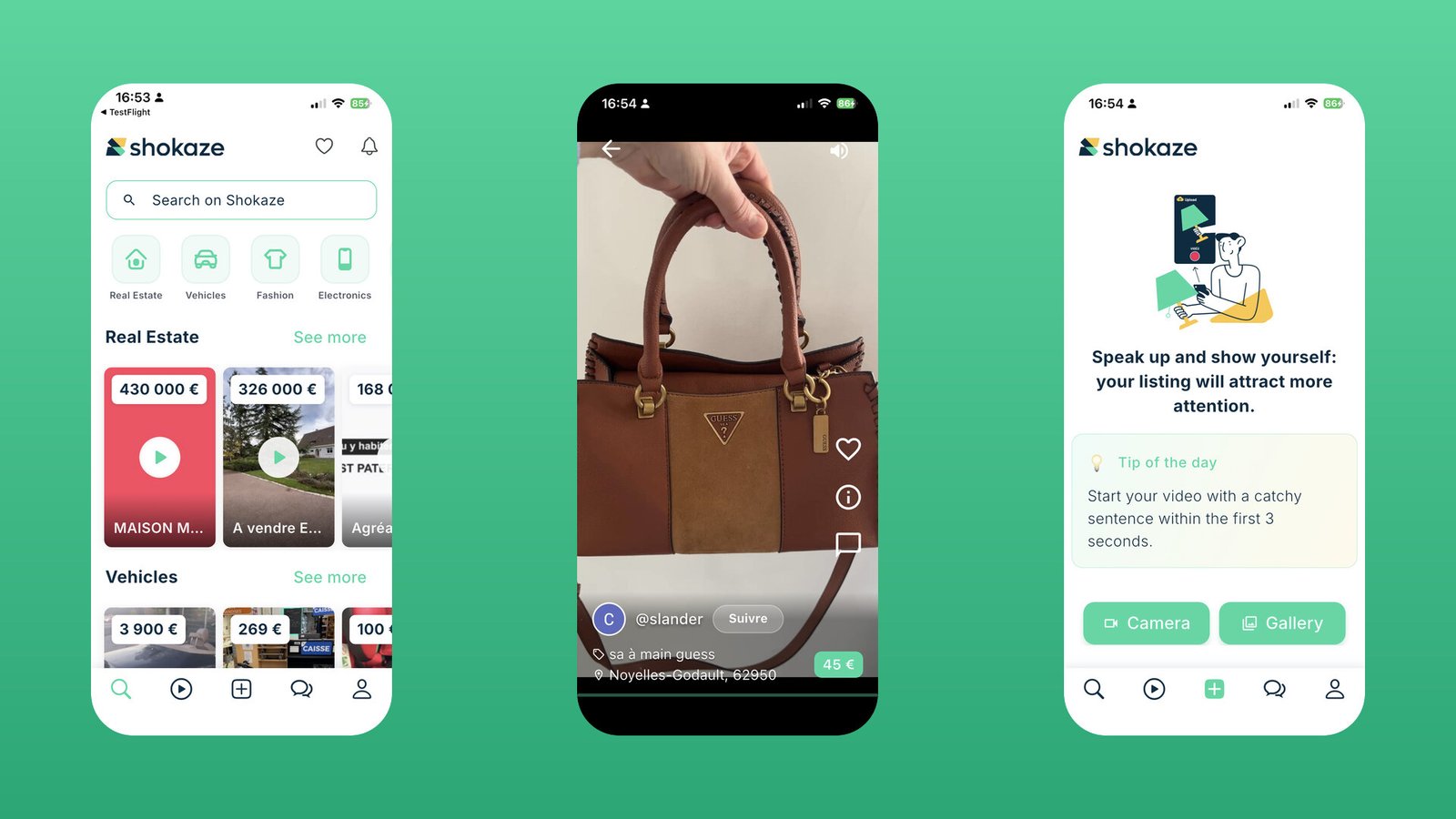 Screenshots of Shokaze, the iOS classifieds app with short vertical video listings