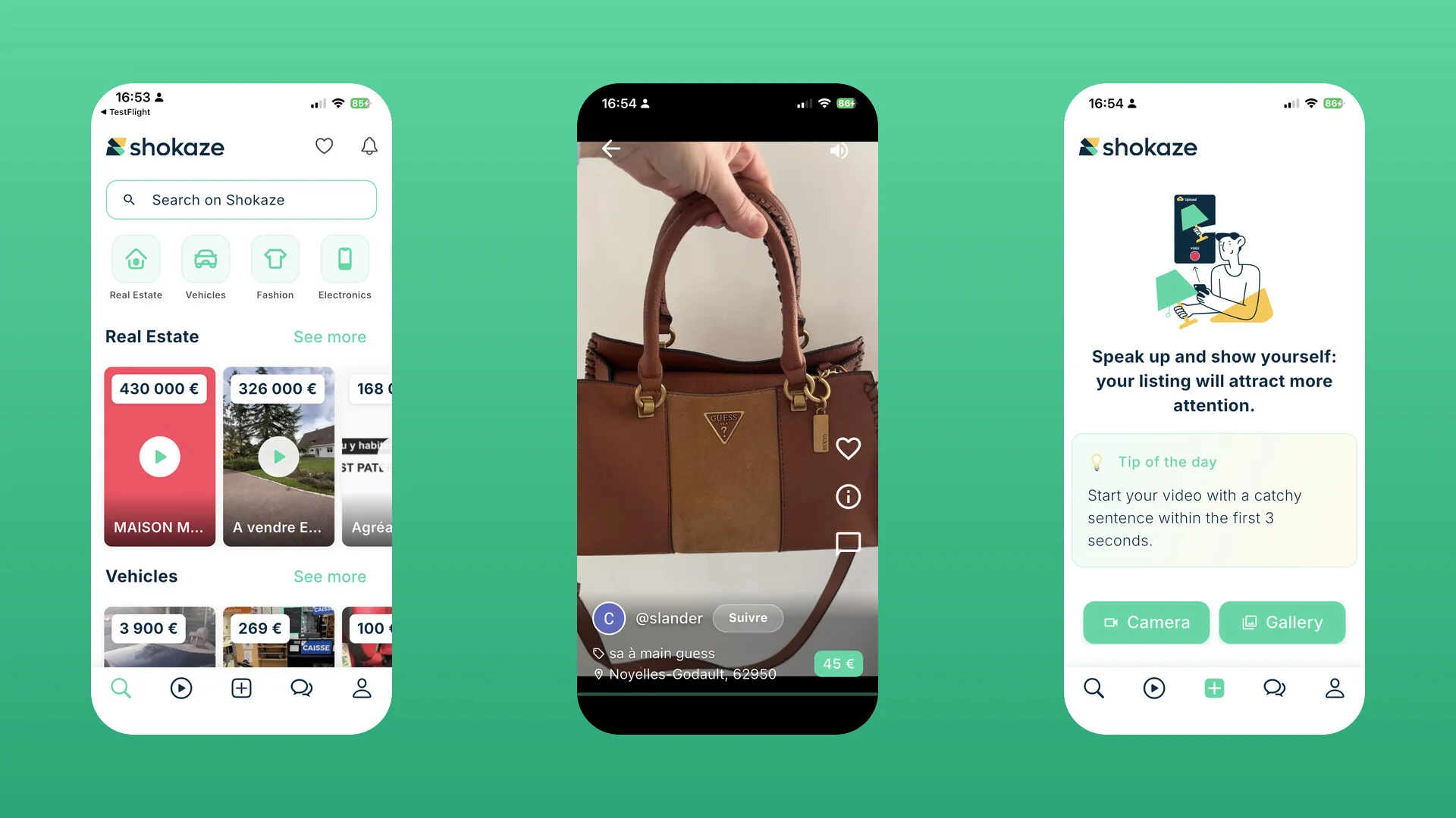 Screenshots of Shokaze, the iOS classifieds app with short vertical video listings