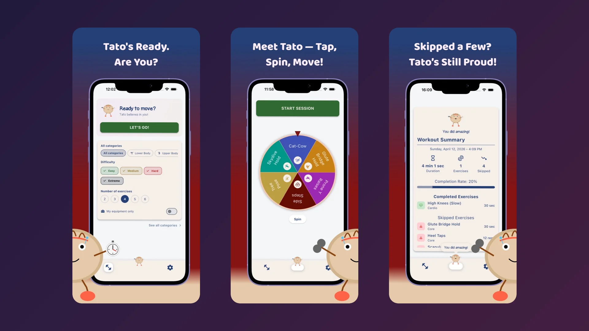 Screenshots of the Tato app showing the exercise wheel, timer, and workout summary