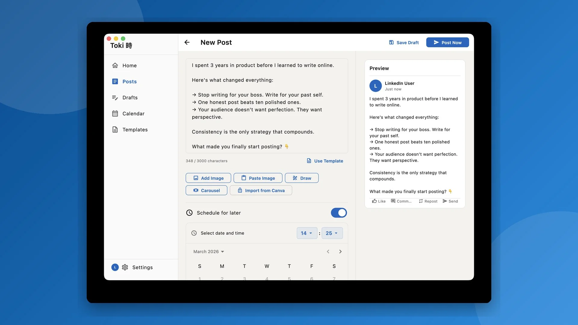 Screenshot of Toki, the native macOS LinkedIn scheduling app