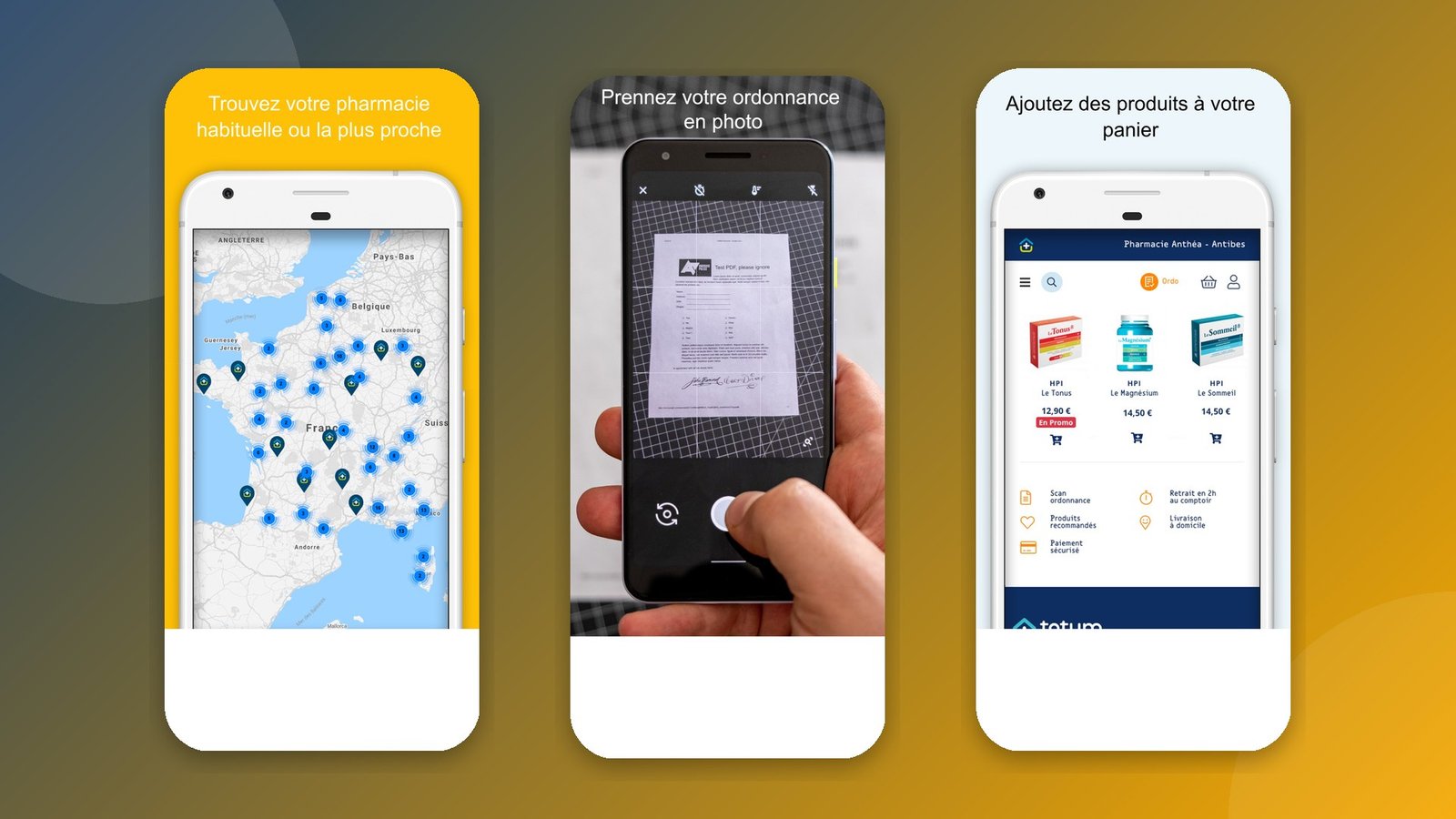 Screenshots of the Totum Pharmacien app