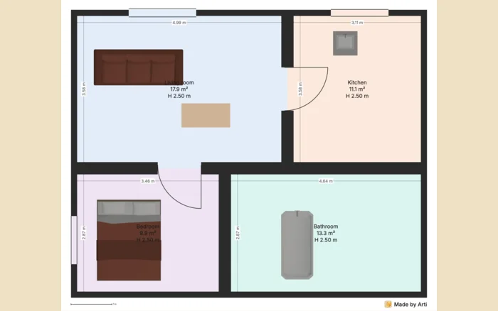 An Arti export: a dimensioned plan with per-room areas and ceiling heights