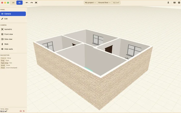 Arti in 3D with the camera panel: isometric, front, side, walk