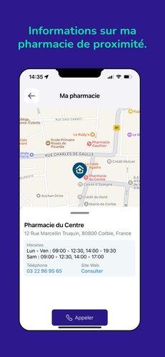 Local pharmacy details with map, opening hours and phone