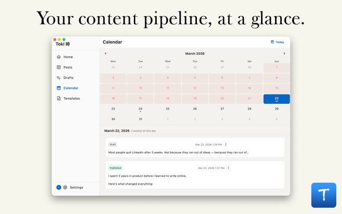 Toki calendar view with scheduled, published and draft posts