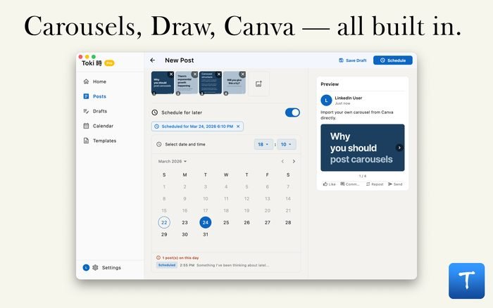 Toki Pro features — carousels, drawing canvas and Canva import