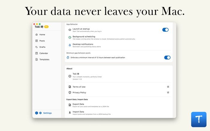 Toki settings — data stored locally, privacy respected