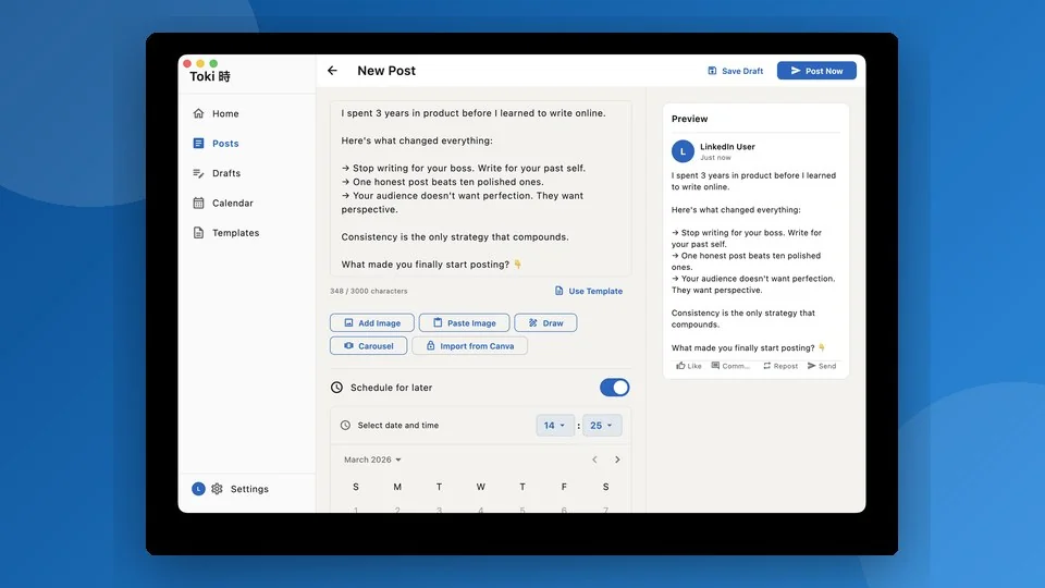 Screenshot of Toki, the native macOS LinkedIn scheduling app